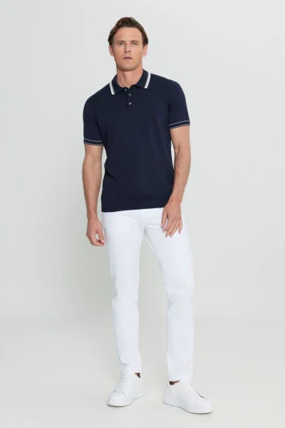 100% Cotton Standard Fit Regular Cut Polo Neck Knit Dark Navy Knitted T-Shirt - 4