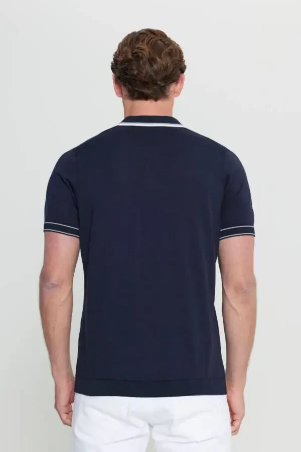 100% Cotton Standard Fit Regular Cut Polo Neck Knit Dark Navy Knitted T-Shirt - 5