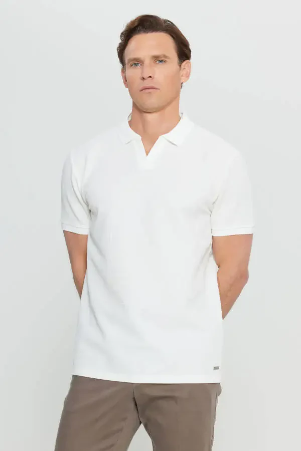 100% Cotton Standard Fit Regular Cut Polo Neck Knit Ecru Knitted T-Shirt - 3