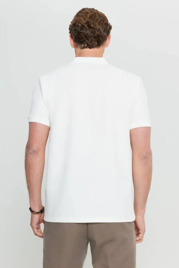 100% Cotton Standard Fit Regular Cut Polo Neck Knit Ecru Knitted T-Shirt - 5