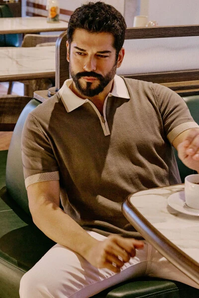 100% Cotton Standard Fit Regular Cut Polo Neck Knitwear Khaki Knitted T-Shirt - ALTINYILDIZ CLASSICS