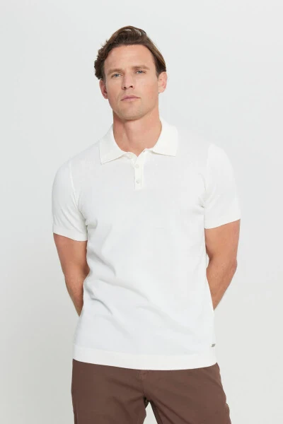 %100 Cotton Standard Fit Regular Fit Polo Neck Knitted White T-shirt - 3