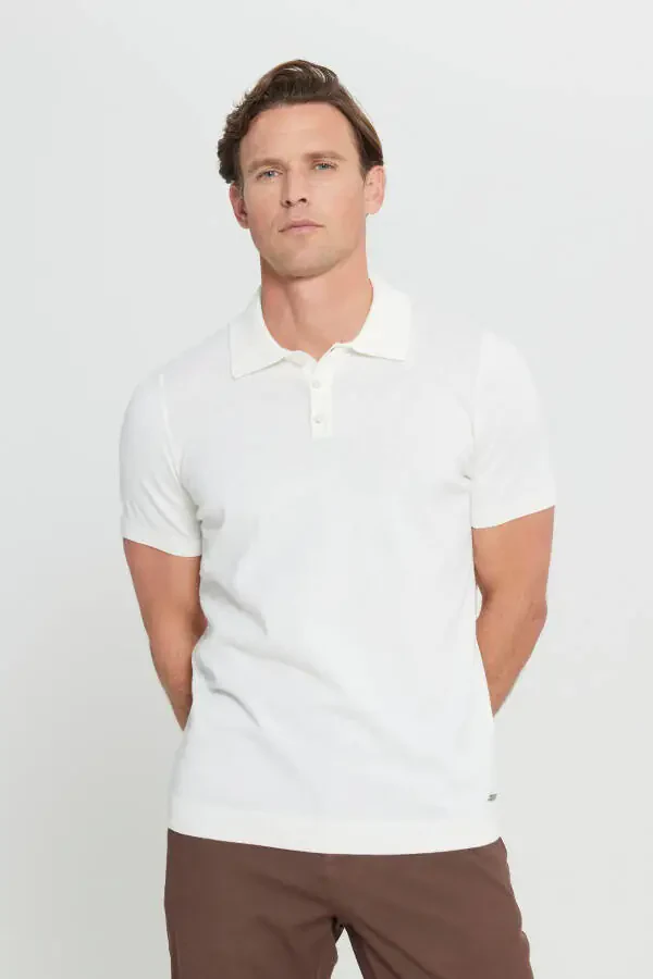 %100 Cotton Standard Fit Regular Fit Polo Neck Knitted White T-shirt - 3
