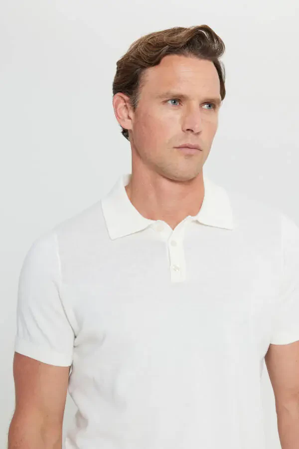%100 Cotton Standard Fit Regular Fit Polo Neck Knitted White T-shirt - 4