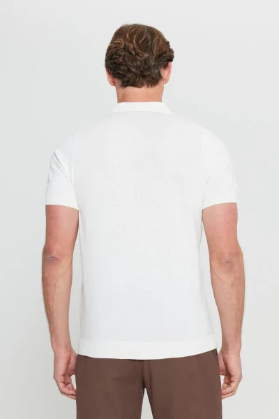 %100 Cotton Standard Fit Regular Fit Polo Neck Knitted White T-shirt - 5