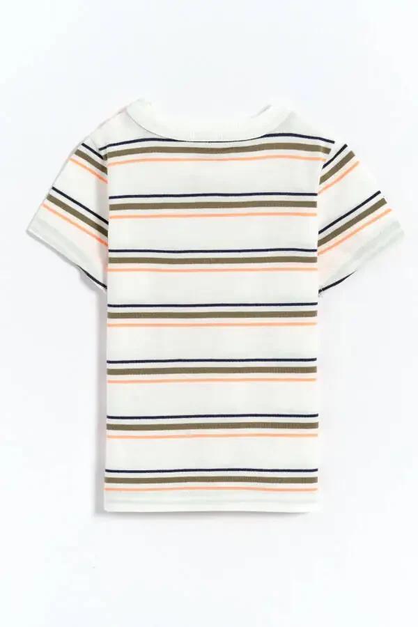 100% Cotton Striped Baby Boy T-Shirt with Snap Closure - White - 6