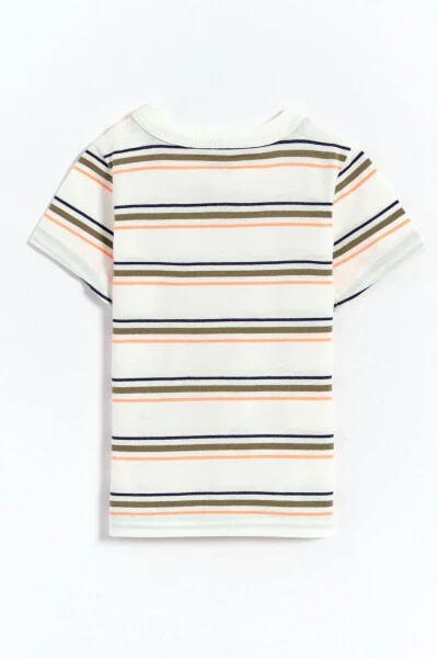 100% Cotton Striped Baby Boy T-Shirt with Snap Closure - White - 3