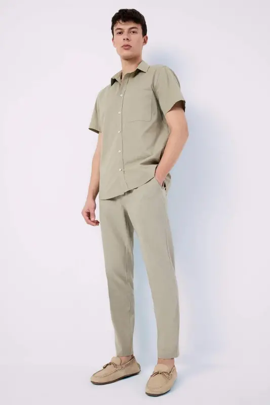 100% Cotton Summer Jogger Pants Slim Fit Drawstring Elastic Waistband Pocketed Z6475AZ24SP-Khaki - 1