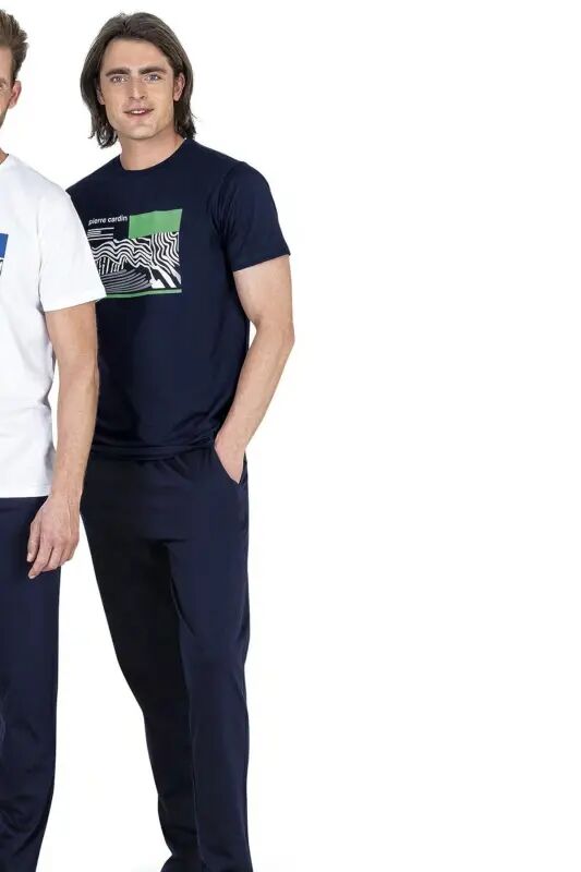 %100 Cotton Summer Men's Pajamas Set, With Pockets-Navy Blue - PIERRE CARDIN