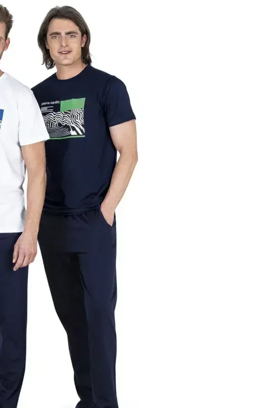 %100 Cotton Summer Men's Pajamas Set, With Pockets-Navy Blue - 1