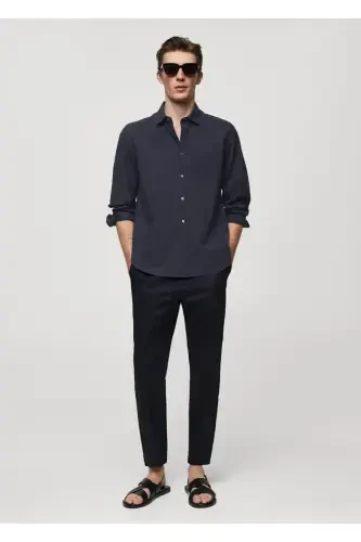 100% cotton waffle shirt-Navy Blue - MANGO MAN (1)