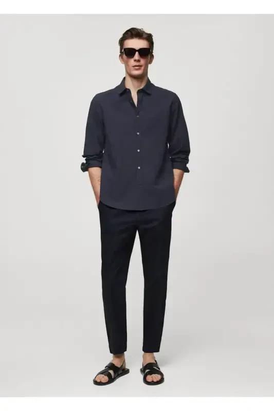 100% cotton waffle shirt-Navy Blue - 2