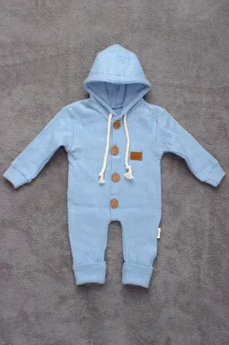 100% Cotton Wooden Buttoned Hooded Ribbed Style Hat Baby Jumpsuit-BLUE - 1