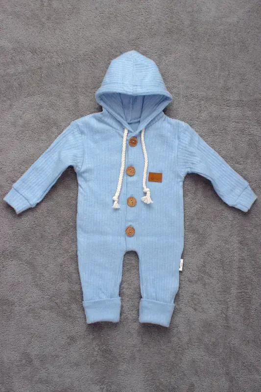 100% Cotton Wooden Buttoned Hooded Ribbed Style Hat Baby Jumpsuit-BLUE - 1