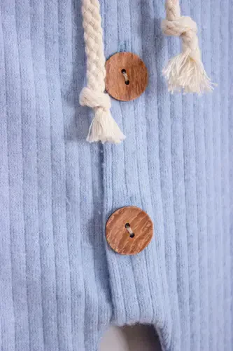 100% Cotton Wooden Buttoned Hooded Ribbed Style Hat Baby Jumpsuit-BLUE - ADABEBEK (1)