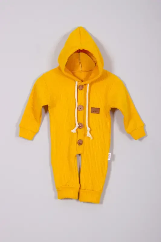 100% Cotton Wooden Buttoned Hooded Ribbed Style Hat Baby Jumpsuit-YELLOW - 1