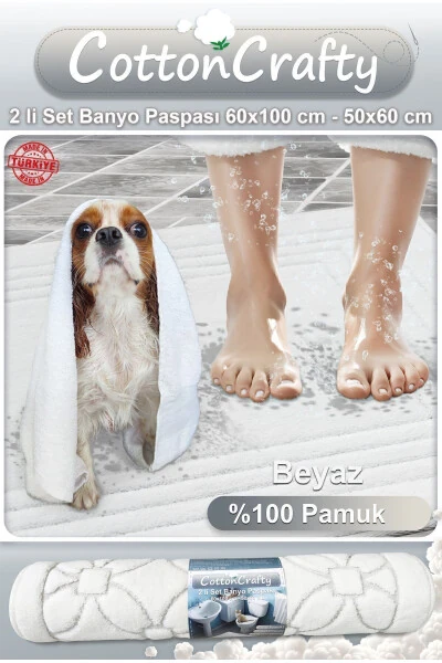 100% Cotton Woven Absorbent Bath Mat Set, Vera 2-Piece Set 60x100 - 60x50 - 2