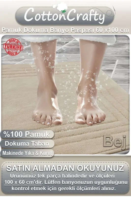 100% Cotton Woven Bath Mat, Bath Rug Vera 60x100 Cm Machine Wash & Dry-BEIGE - 3