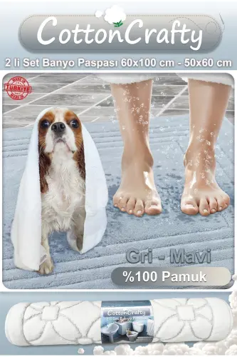 %100 Cotton Woven Bath Mat Set, Bath Rug Vera 2 Pcs Set 60x100 - 60x50-gray blue - 10