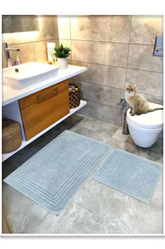 %100 Cotton Woven Bath Mat Set, Bath Rug Vera 2 Pcs Set 60x100 - 60x50-gray blue - 2
