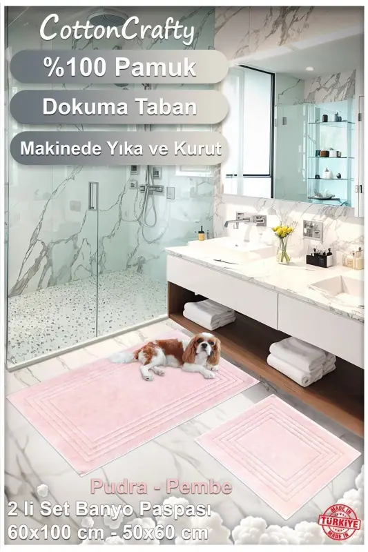 100% Cotton Woven Bath Mat Set, Bath Rug Vera 2 Pcs Set 60x100 - 60x50-powder - 11