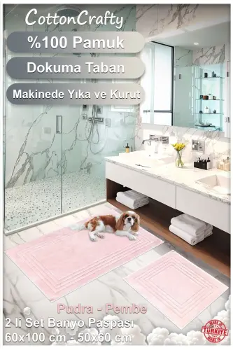 100% Cotton Woven Bath Mat Set, Bath Rug Vera 2 Pcs Set 60x100 - 60x50-powder - 4