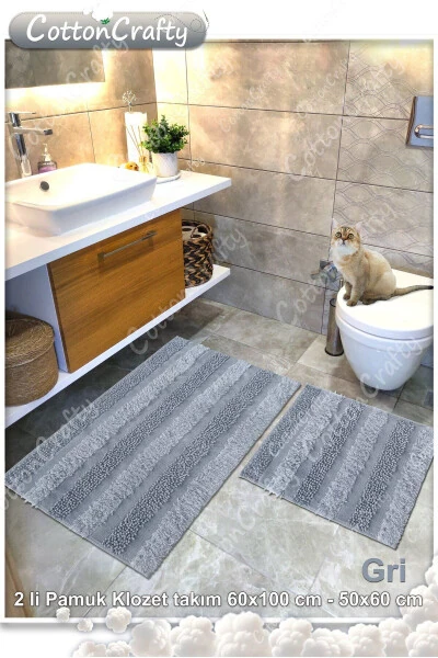 100% Cotton Woven & Tufted Bath Mat Set, Harmony 2-Piece Set 60x100 - 60x50 - COTTON CRAFTY (1)