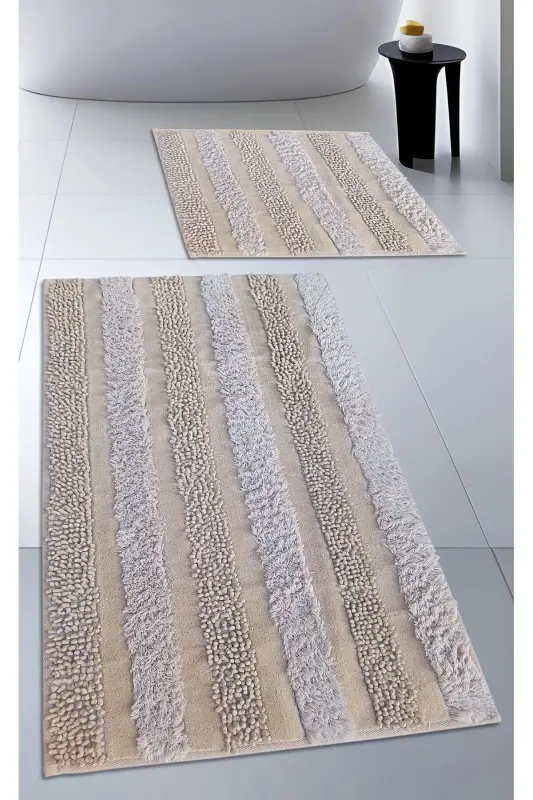 100% Cotton Woven & Tufting Bath Mat Set, Bathroom Rug HARMONY Set of 2 60x100 - 60x50-beige - 10