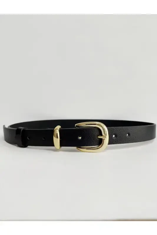 %100 Genuine Leather Gold Buckle Women's Black Belt-Black - KEMERIX
