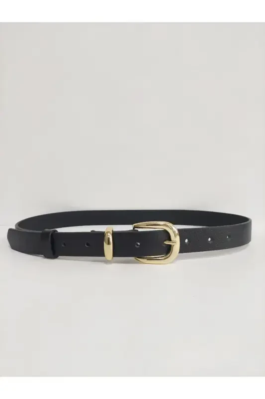 %100 Genuine Leather Gold Buckle Women's Black Belt-Black - 3