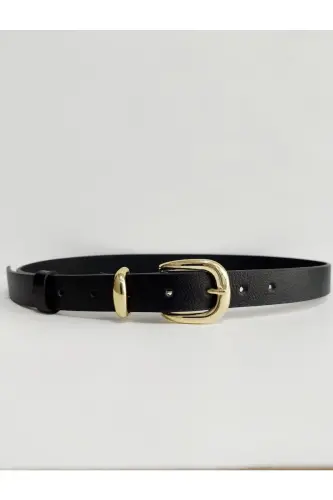 %100 Genuine Leather Gold Buckle Women's Black Belt-Black - 2