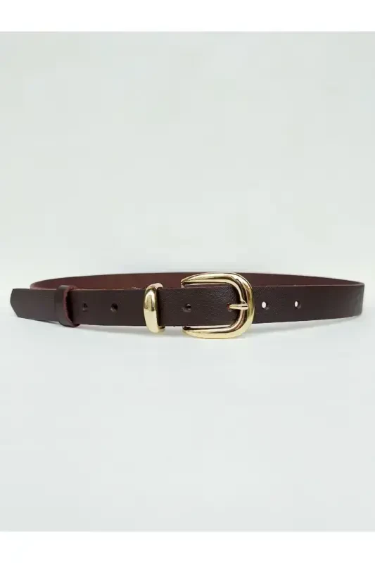 %100 Genuine Leather Gold Buckle Women's Dark Brown Belt-Dark Brown - 2