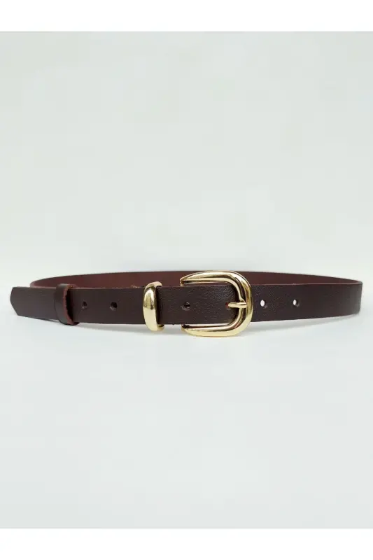 %100 Genuine Leather Gold Buckle Women's Dark Brown Belt-Dark Brown - 1