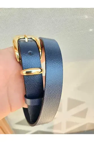 %100 Genuine Leather Gold Buckle Women's Navy Belt-Navy - 2