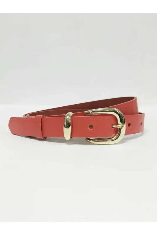 %100 Genuine Leather Gold Buckle Women's Red Belt-Red - KEMERIX
