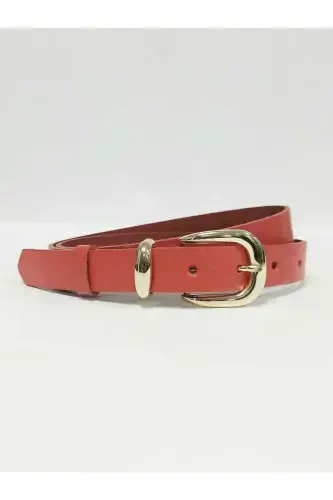 %100 Genuine Leather Gold Buckle Women's Red Belt-Red - KEMERIX (1)