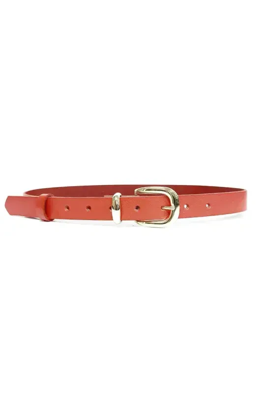 %100 Genuine Leather Gold Buckle Women's Red Belt-Red - 4