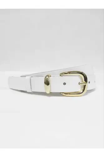 %100 Genuine Leather Gold Buckle Women's White Belt-White - KEMERIX (1)