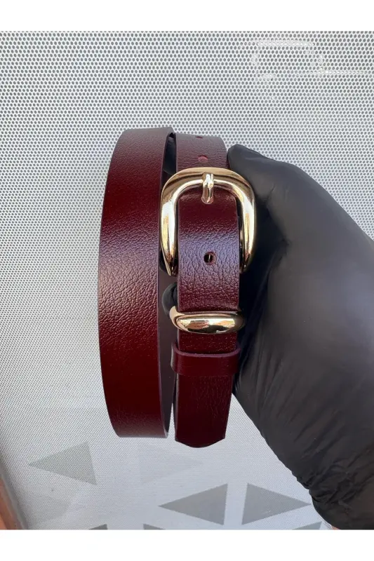 %100 Genuine leather women's belt with gold buckle-Burgundy - 2