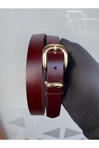 %100 Genuine leather women's belt with gold buckle-Burgundy - 4