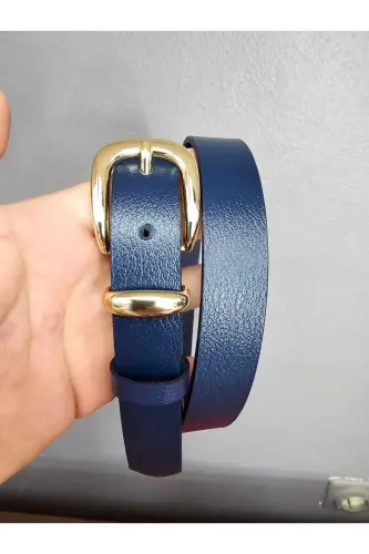 %100 Hakiki Deri Gold Tokalı Kadın Lacivert Kemer - Lacivert - 3