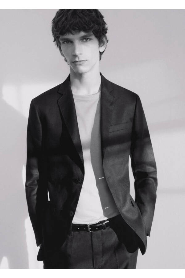 %100 Keten Kumaş Blazer Ceket - 7