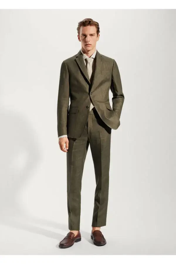 %100 Keten Kumaş Blazer Ceket-Yeşil - 2