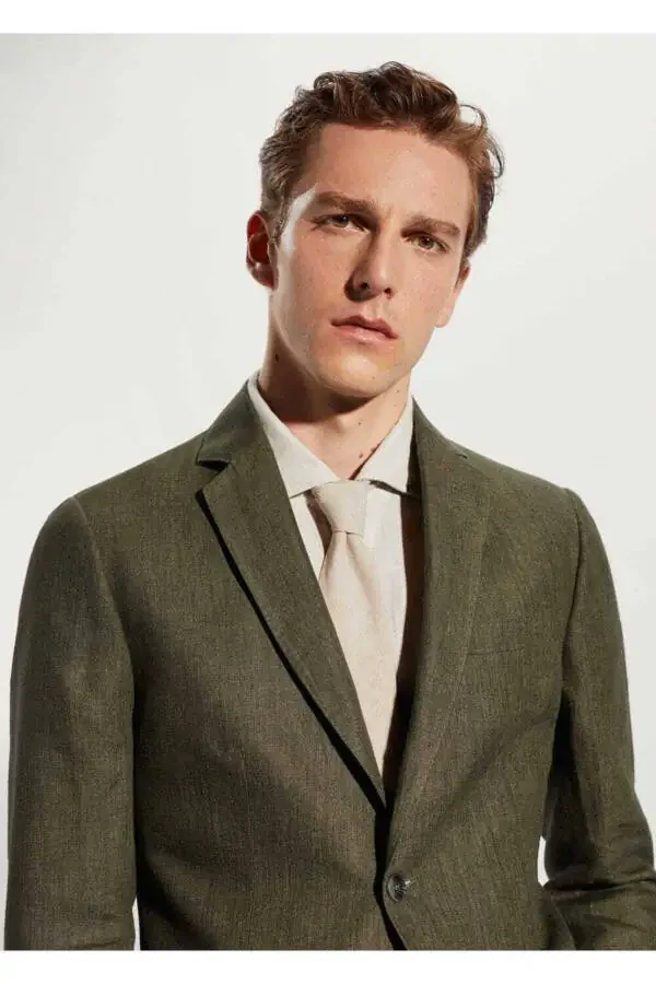 %100 Keten Kumaş Blazer Ceket-Yeşil - 5