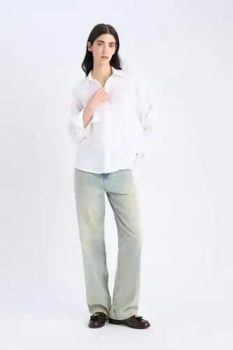 %100 Keten Oversize Geniş Kalıp Uzun Kollu Beyaz Gömlek-Beyaz - 5