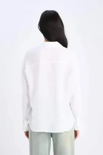%100 Keten Oversize Geniş Kalıp Uzun Kollu Beyaz Gömlek-Beyaz - 9
