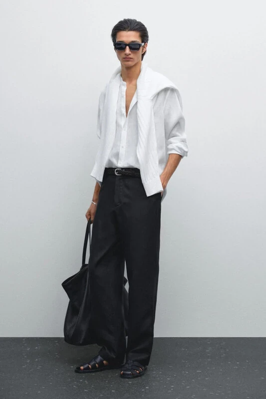 %100 keten regular fit hakim yaka gömlek-Beyaz - MASSIMO DUTTI