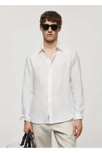 %100 Keten Regular Kesim Gömlek-Beyaz - 1