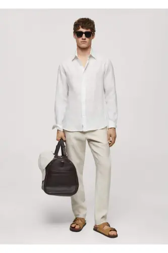 %100 Keten Regular Kesim Gömlek-Beyaz - 2