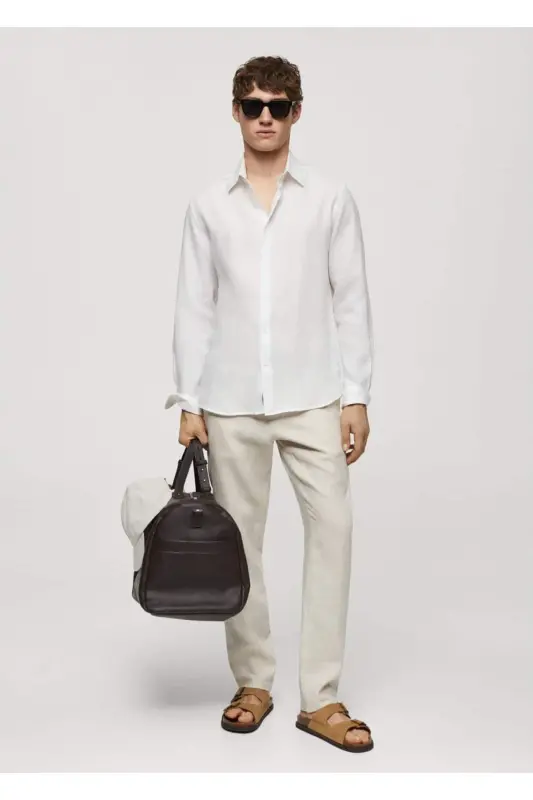 %100 Keten Regular Kesim Gömlek-Beyaz - 2